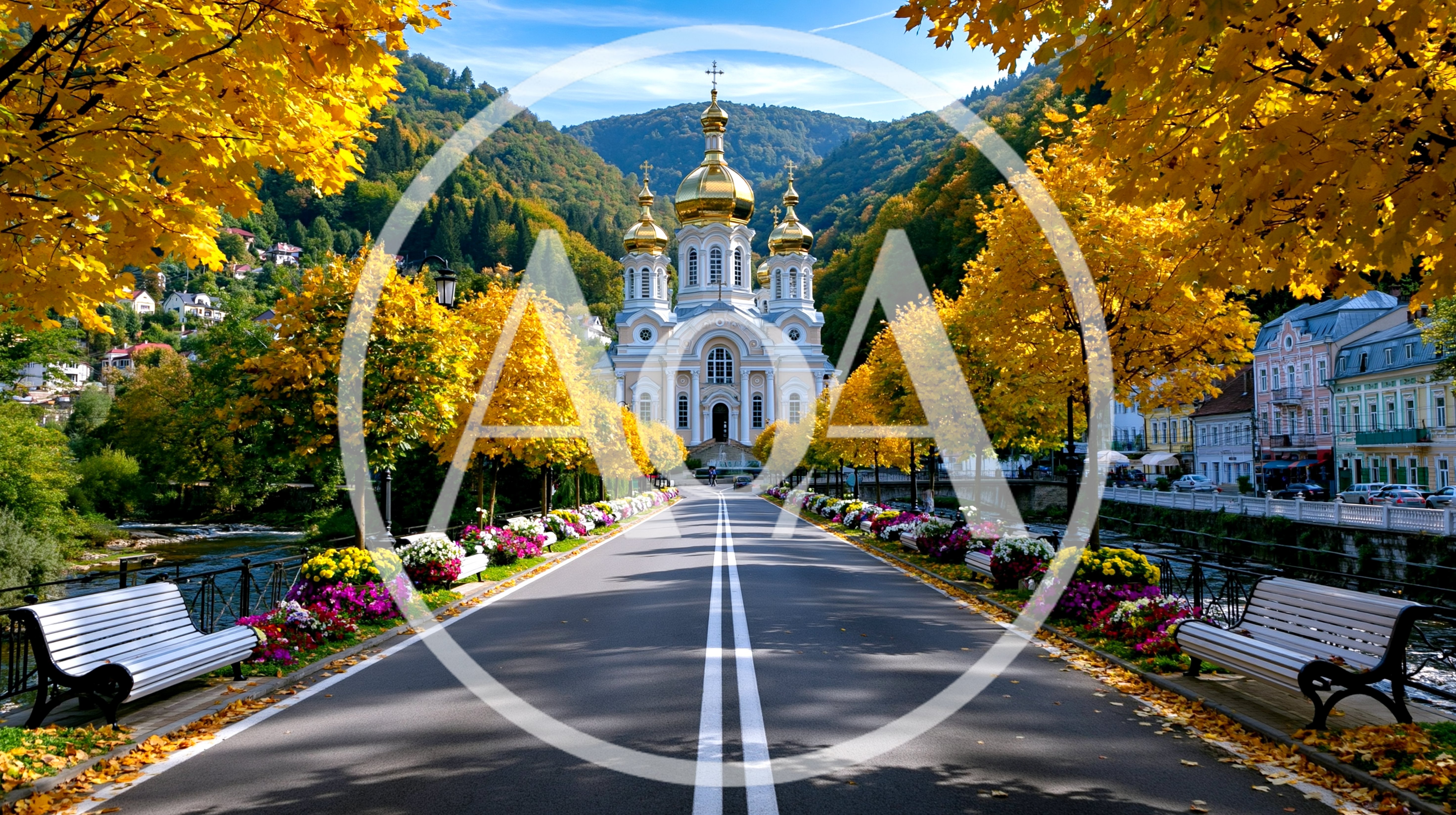 Scenic Road Leading To A Golden Domed Orthodox Church