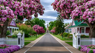 Picturesque Suburban Street Lined With Blooming Cherry Blossom Trees