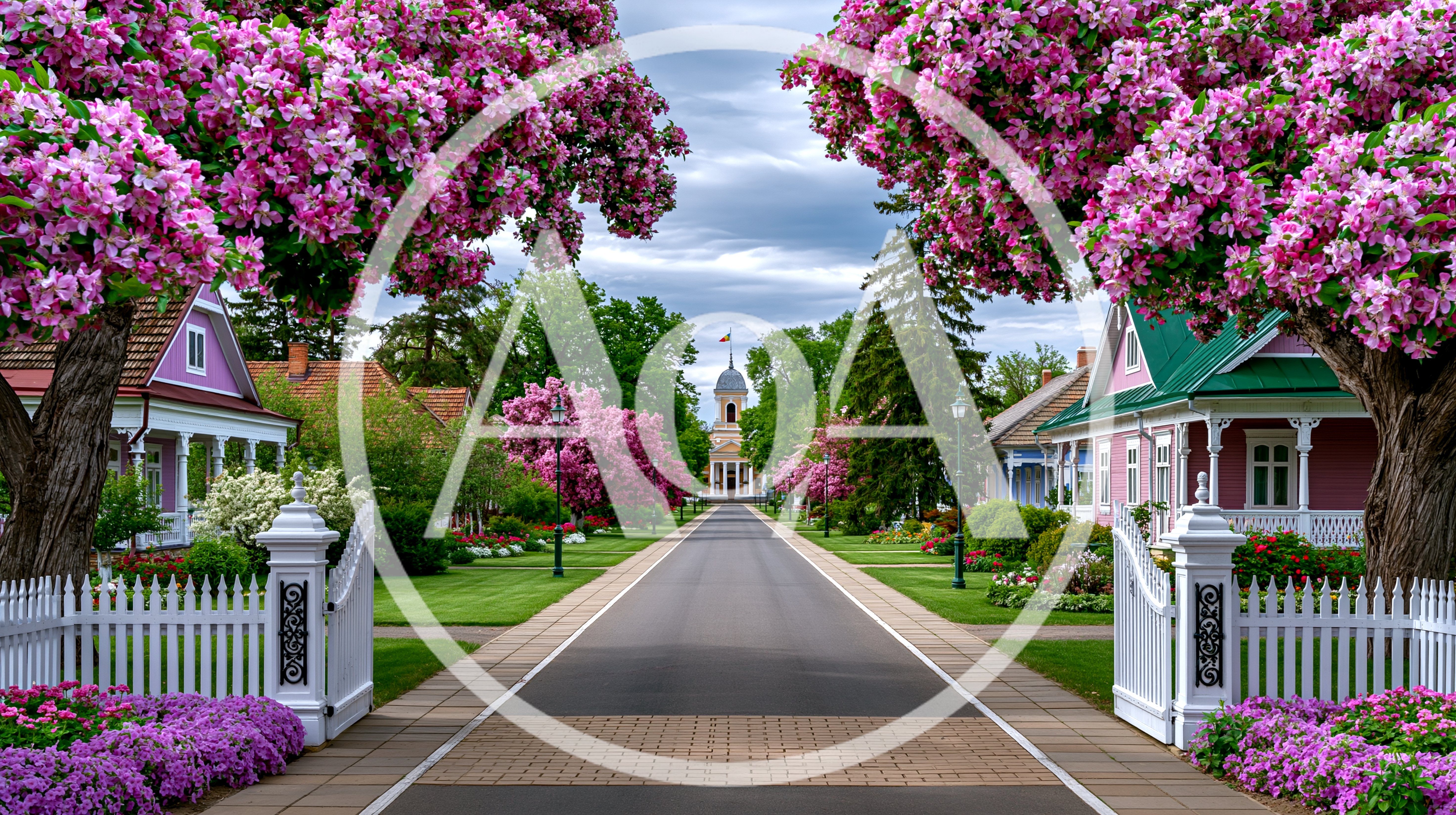 Picturesque Suburban Street Lined With Blooming Cherry Blossom Trees