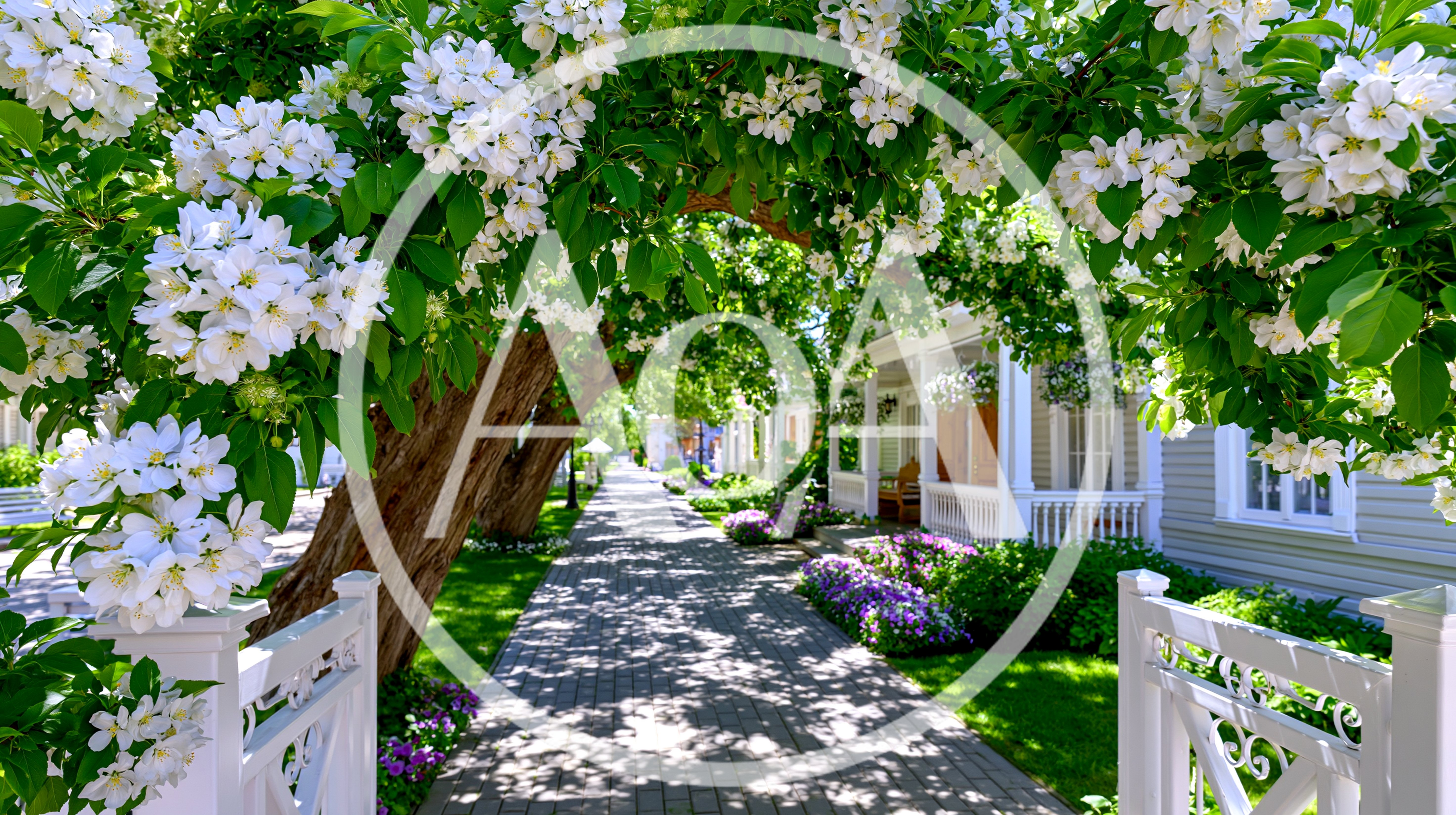 Flowering Trees Overhanging A Sunny Residential Sidewalk