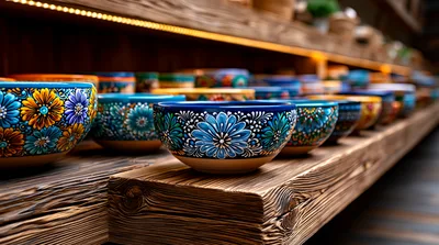 Handcrafted Ceramic Bowls Displayed On Rustic Wooden Shelves