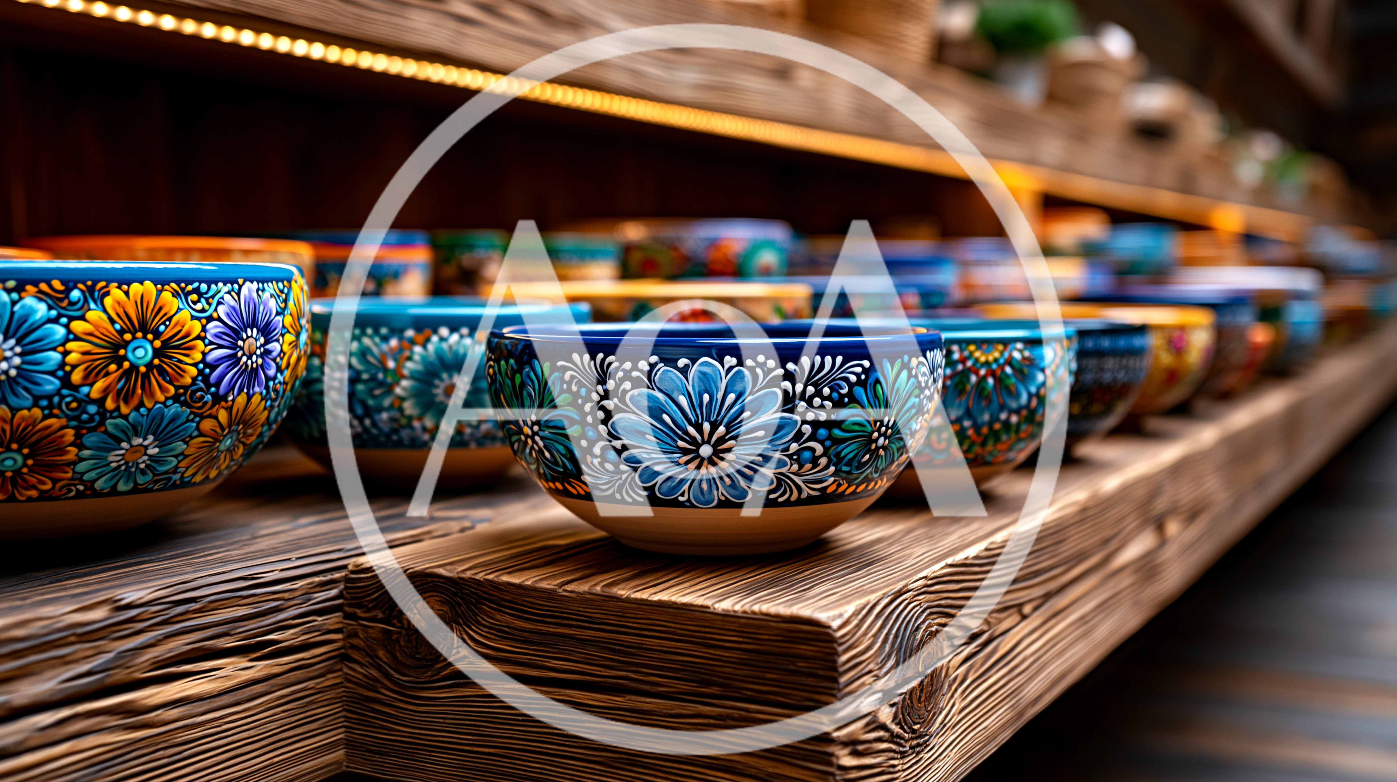 Handcrafted Ceramic Bowls Displayed On Rustic Wooden Shelves