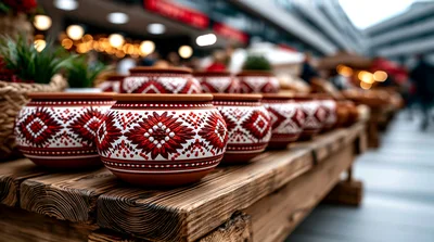 Traditional Clay Pots With Red And White Patterns