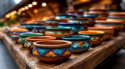 Handcrafted Painted Clay Bowls On Wooden Table