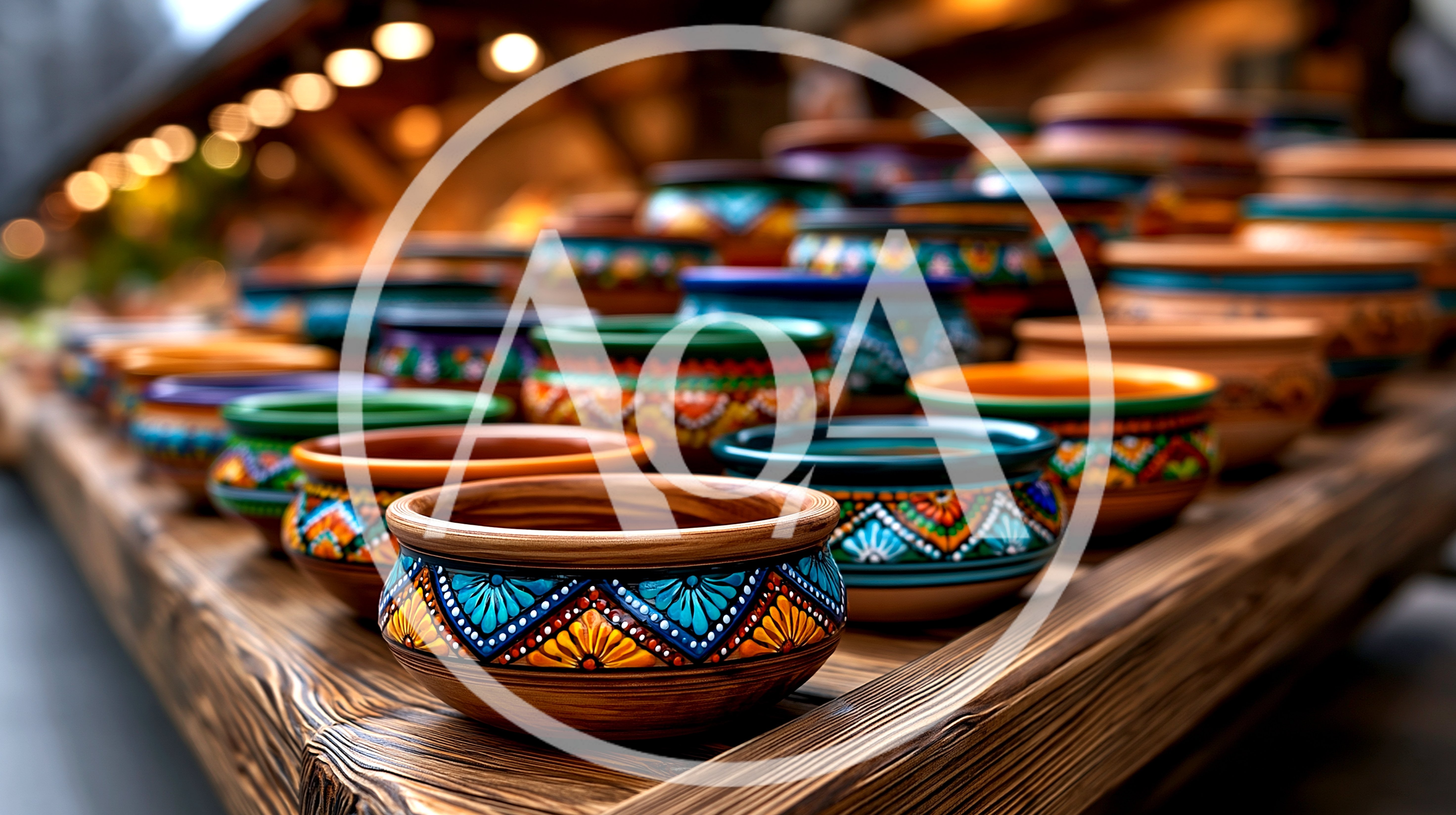 Handcrafted Painted Clay Bowls On Wooden Table