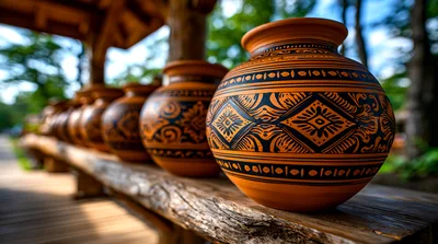 Handcrafted Clay Pots Lined Up On Wooden Bench