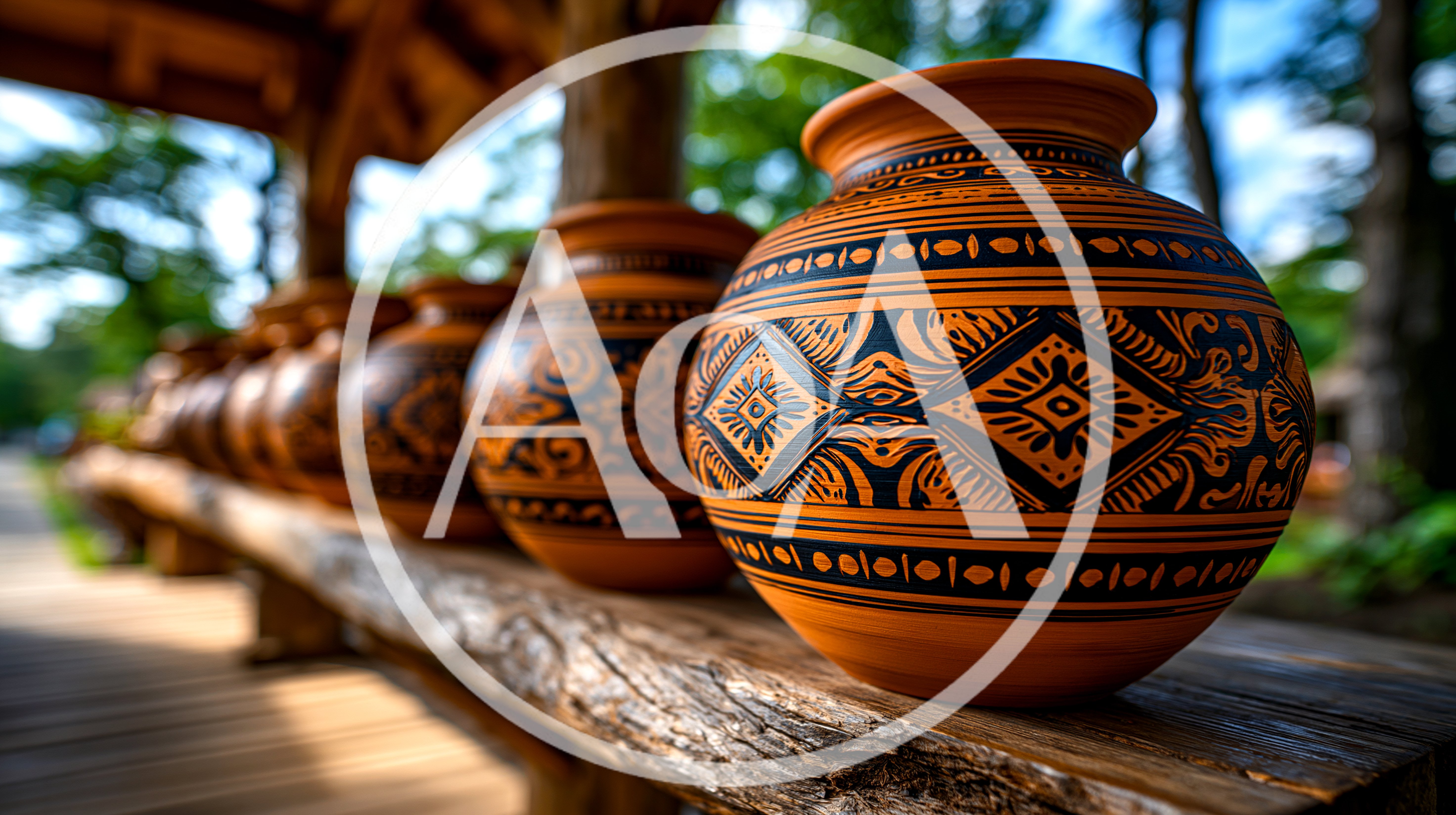 Handcrafted Clay Pots Lined Up On Wooden Bench