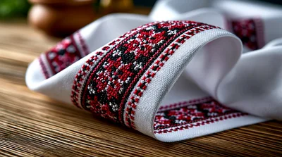 Traditional Ukrainian Embroidered Rushnyk Towel On Wooden Table