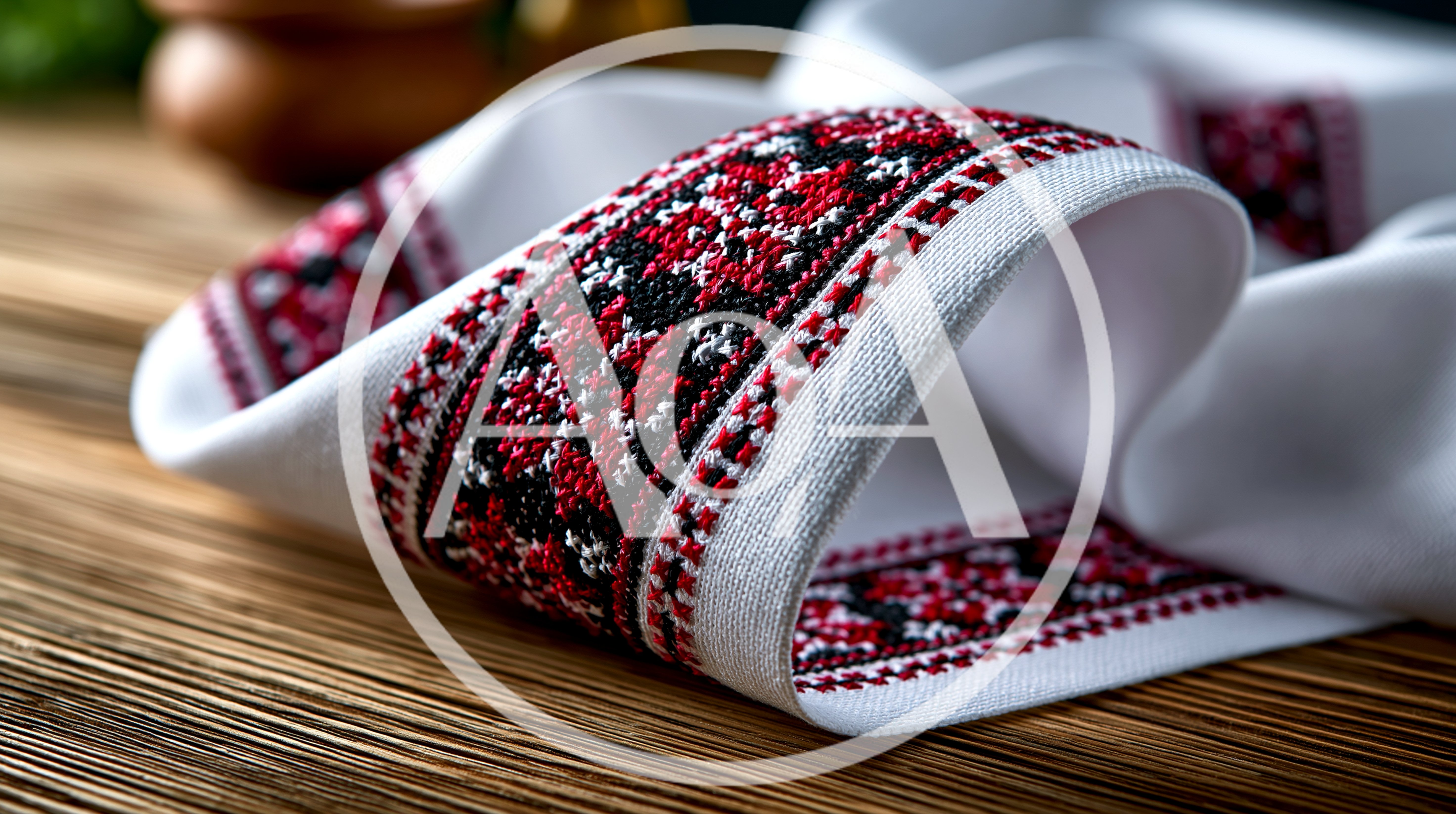 Traditional Ukrainian Embroidered Rushnyk Towel On Wooden Table