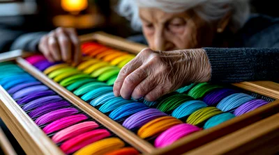 Elderly Woman Sorting Colorful Fabric Swatches