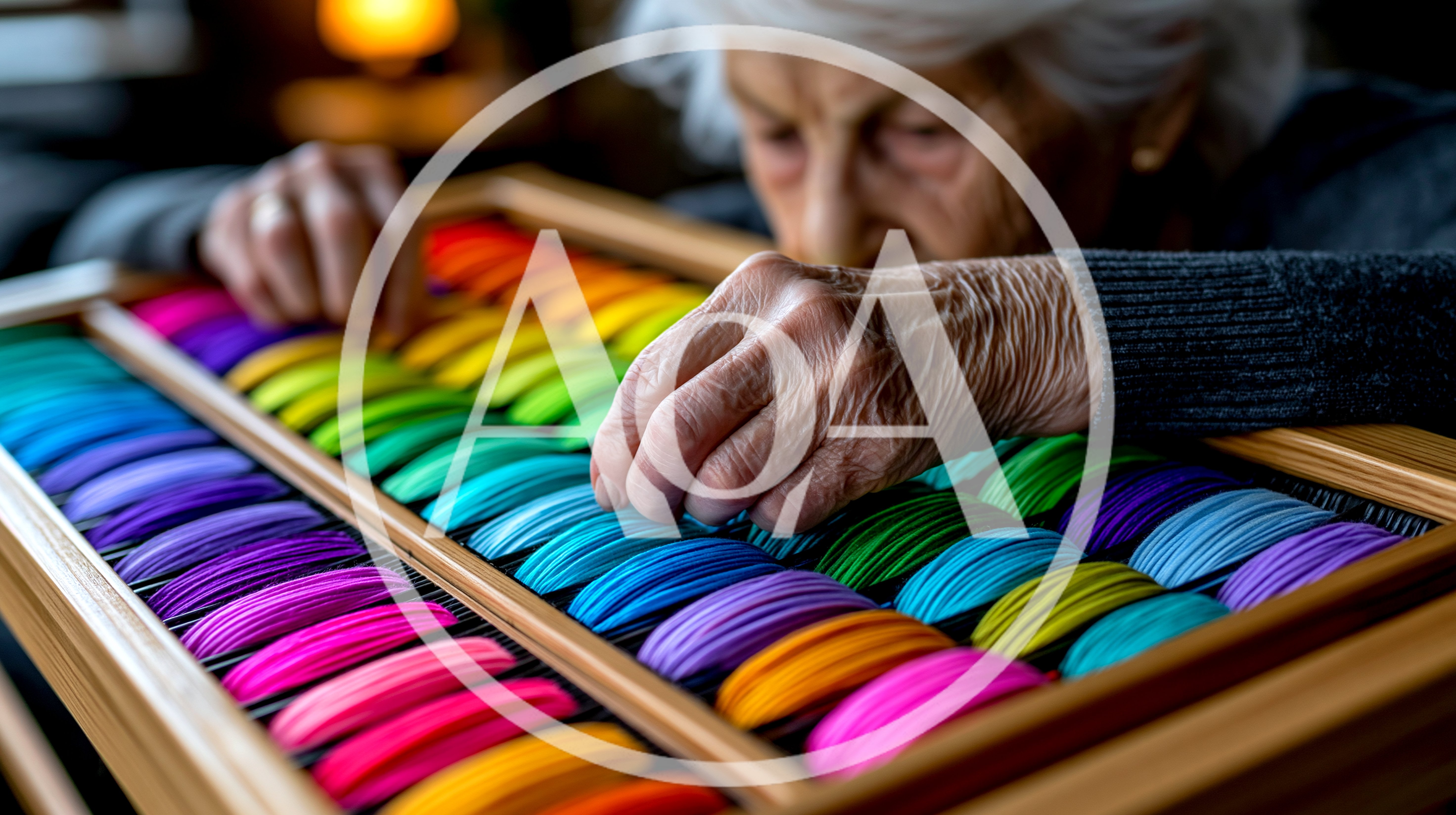 Elderly Woman Sorting Colorful Fabric Swatches