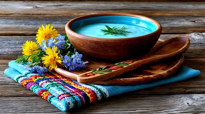 Blue Soup Bowl With Flowers On Wooden Table