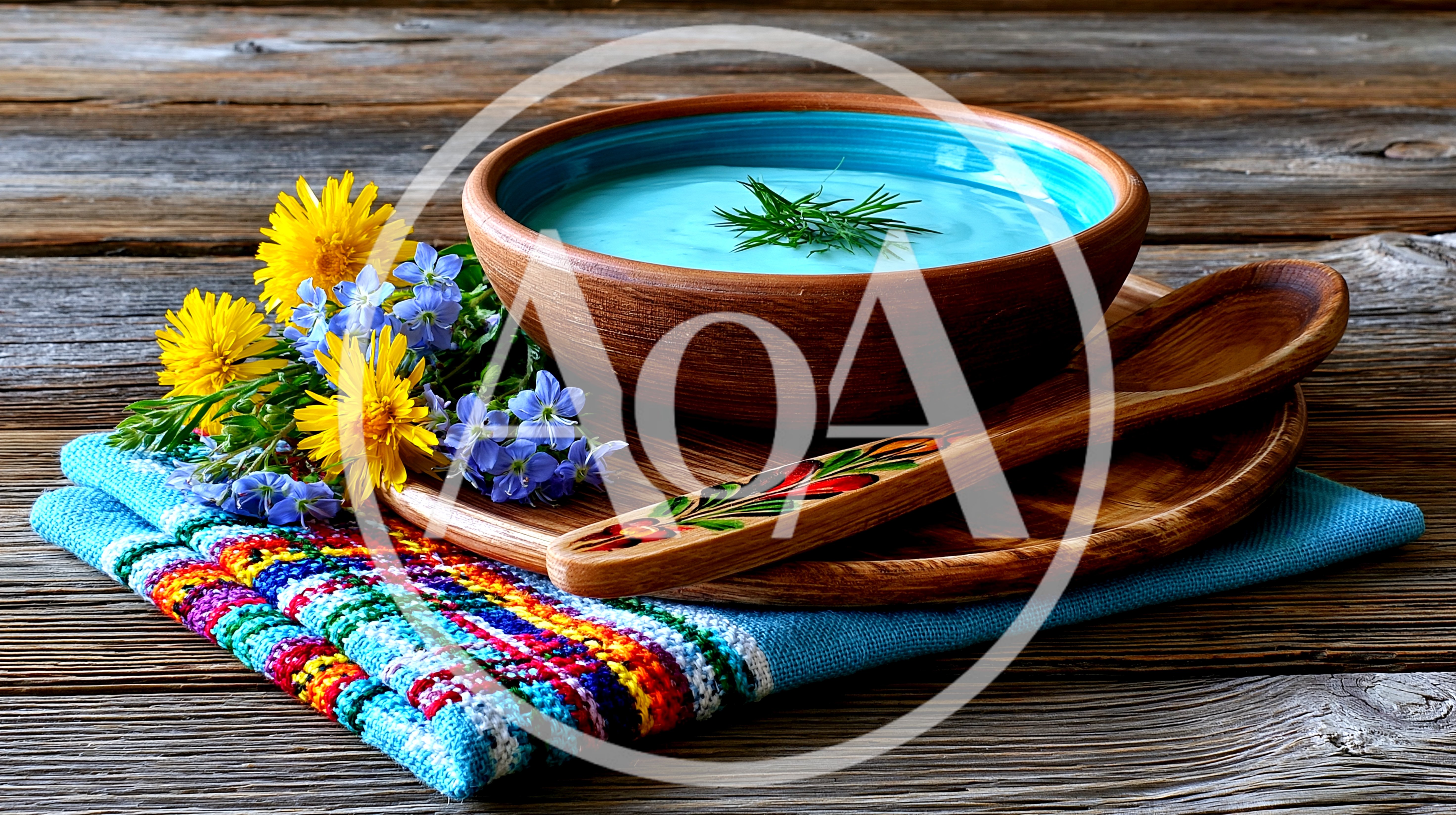 Blue Soup Bowl With Flowers On Wooden Table