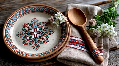 Rustic Table Setting With Embroidered Plate And Wooden Spoon