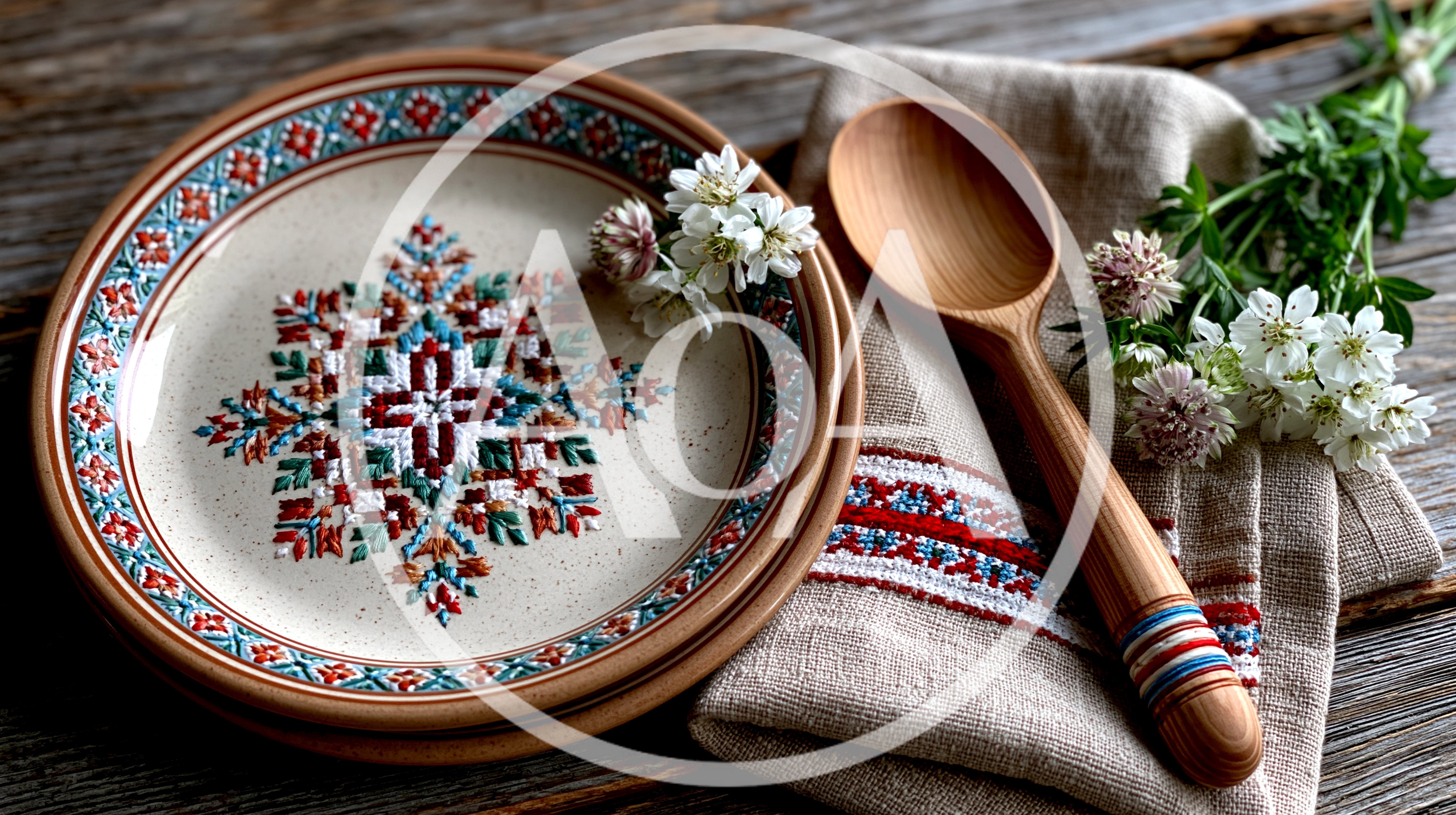 Rustic Table Setting With Embroidered Plate And Wooden Spoon
