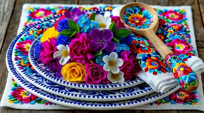 Floral Arrangement on Decorative Plates with Painted Wooden Spoon