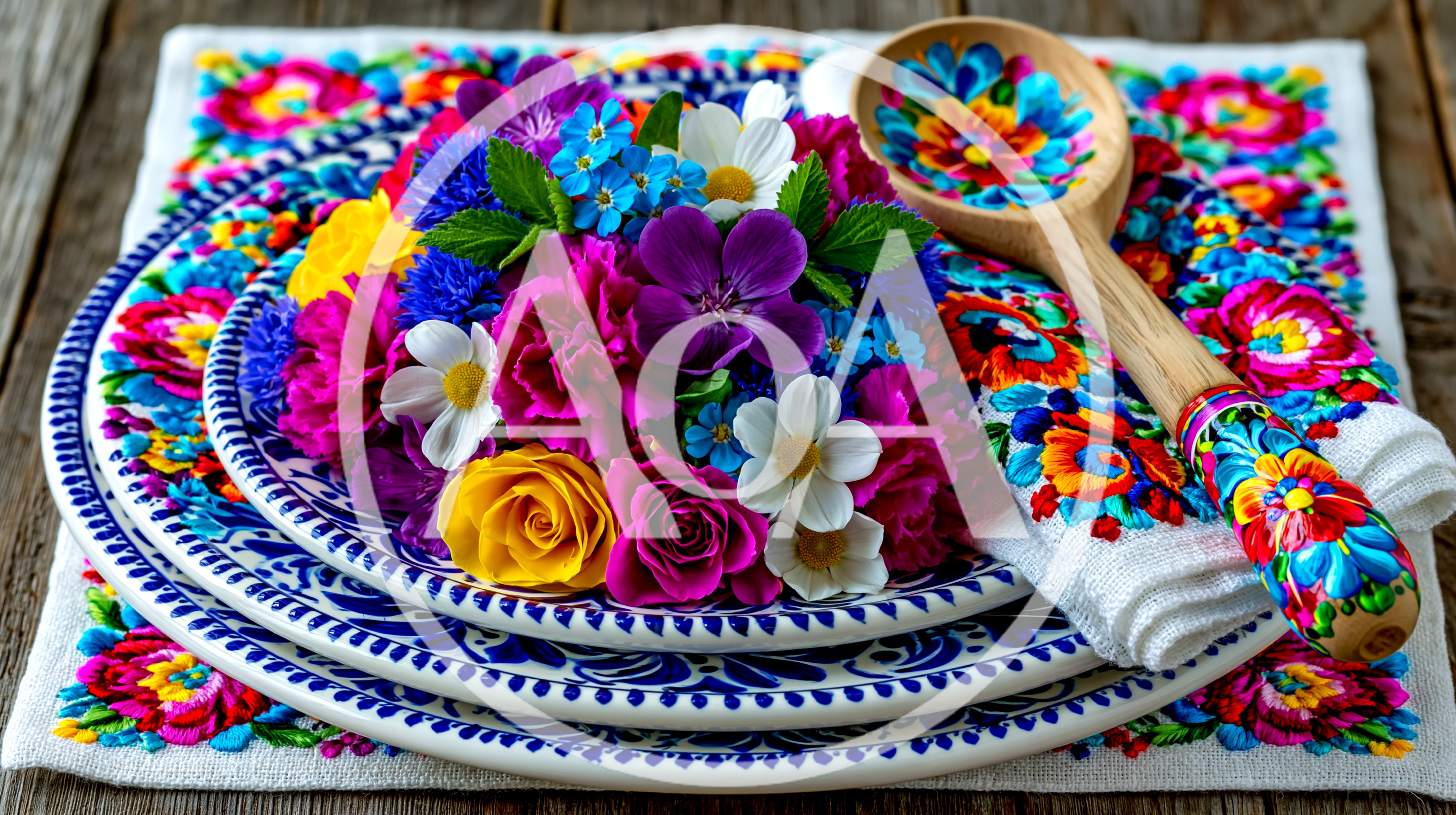 Floral Arrangement on Decorative Plates with Painted Wooden Spoon