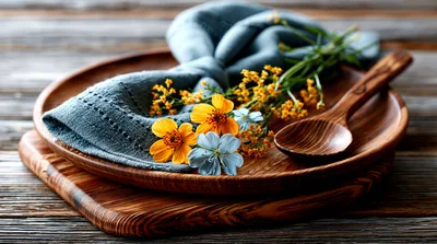 Rustic Wooden Plate With Napkin And Wildflowers
