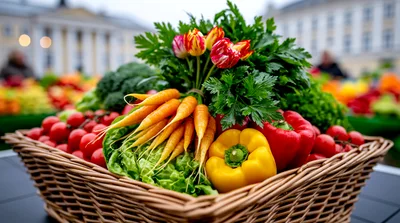 Fresh Vegetables And Tulips In A Wicker Basket