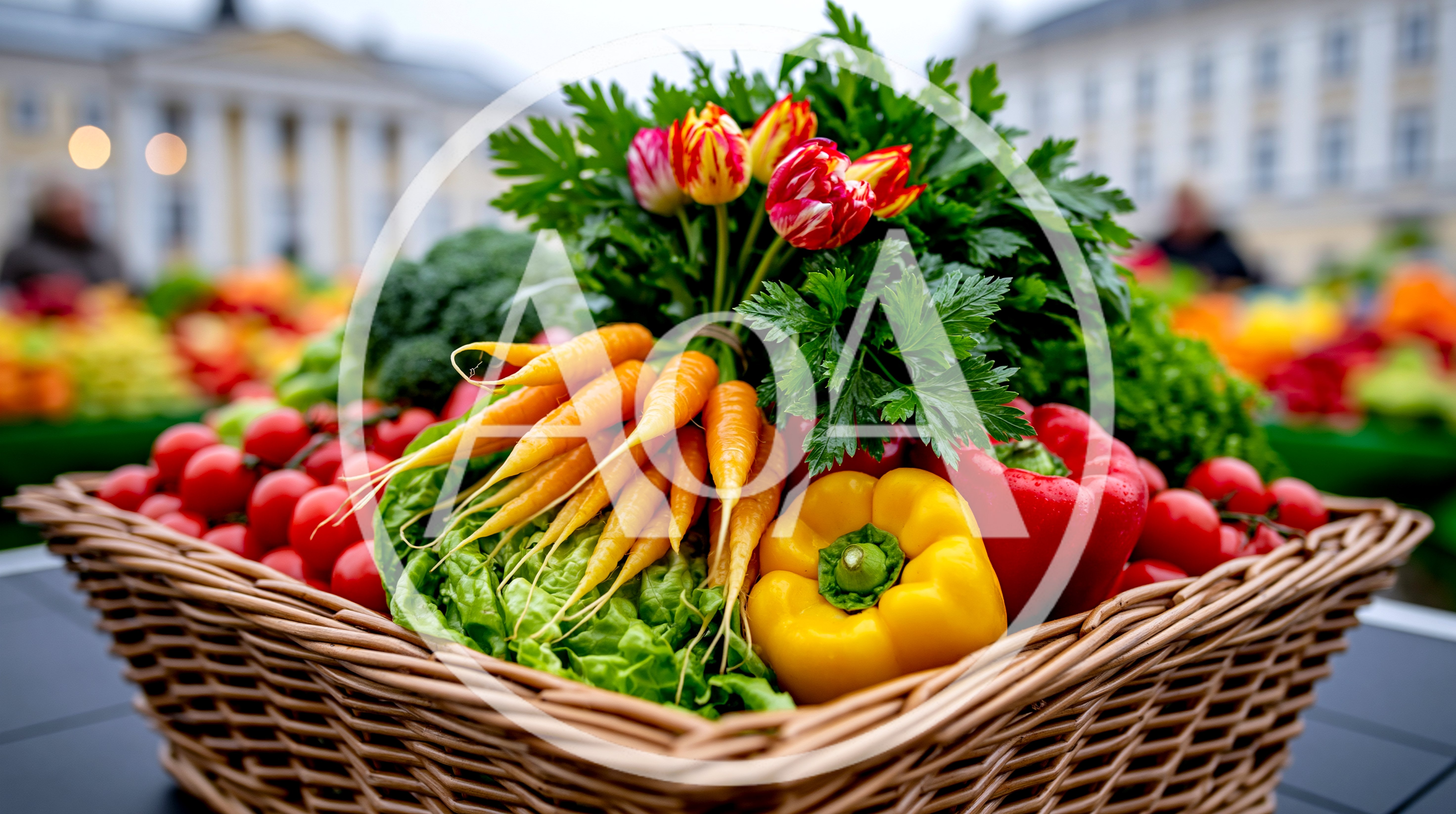Fresh Vegetables And Tulips In A Wicker Basket