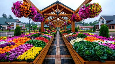 Outdoor Farmers Market With Fresh Produce And Hanging Flowers