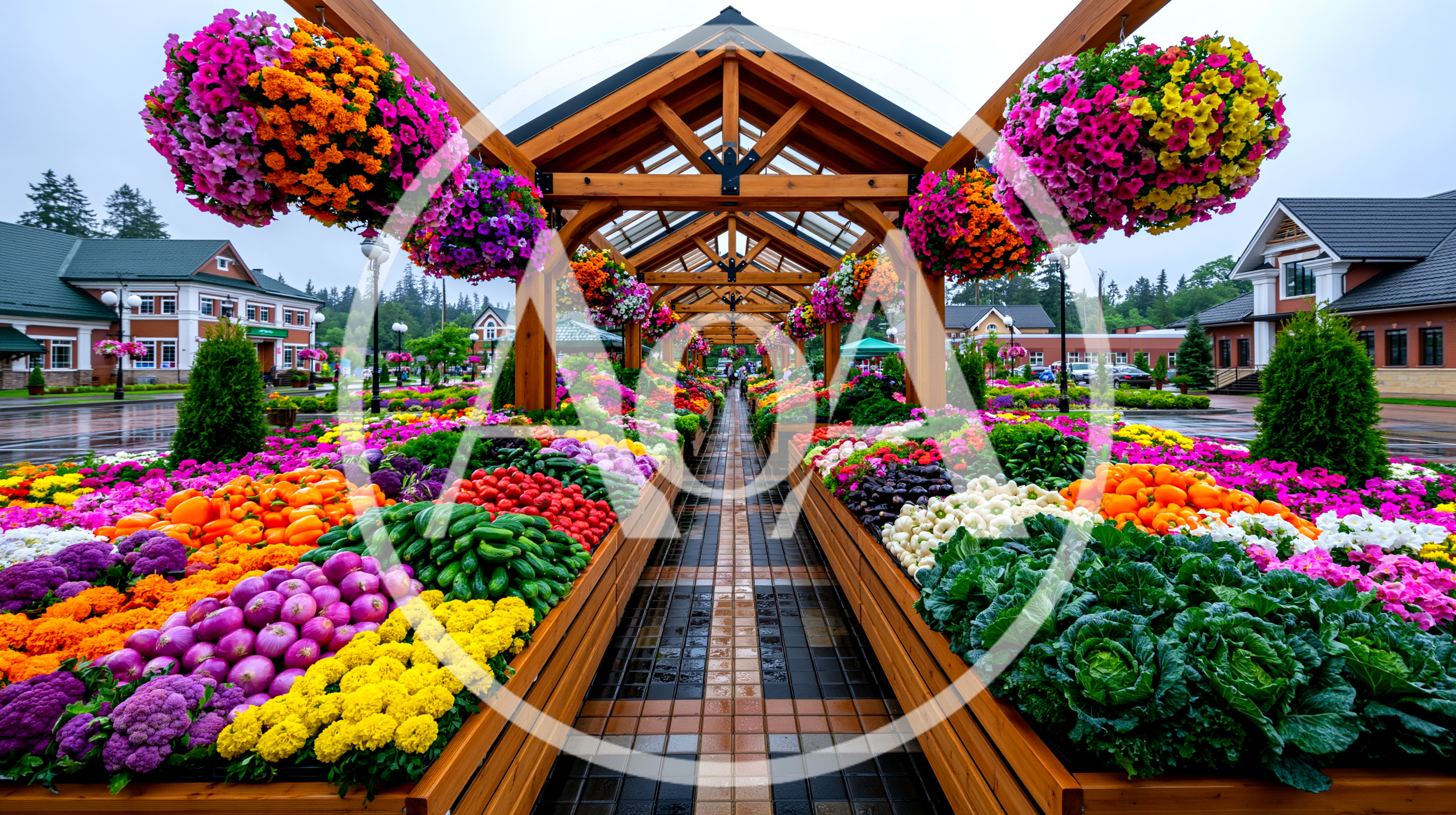 Outdoor Farmers Market With Fresh Produce And Hanging Flowers