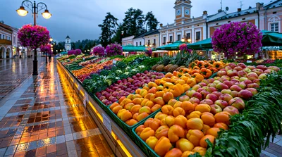 Outdoor Vegetable Market Display In A European Town Square