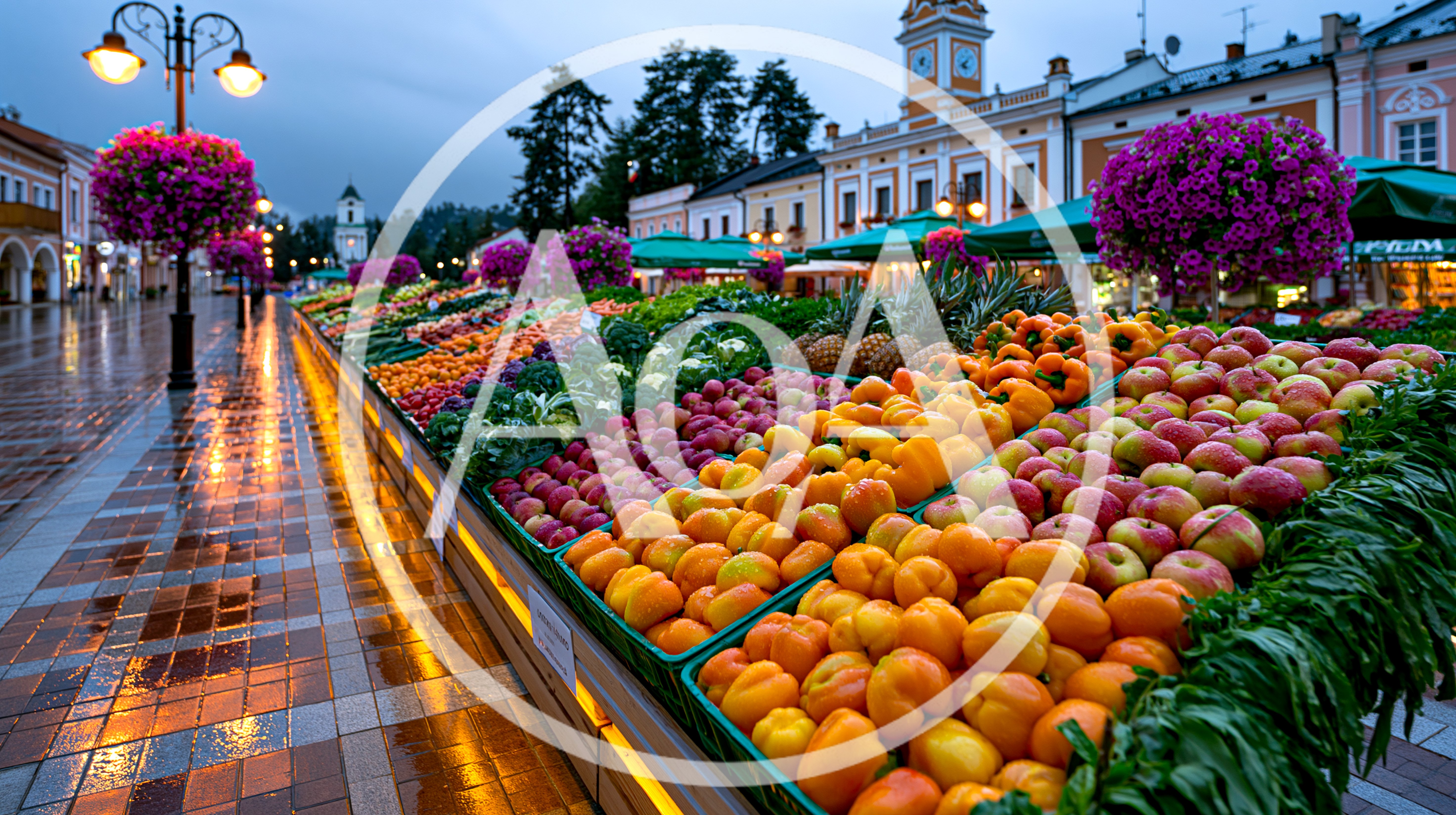 Outdoor Vegetable Market Display In A European Town Square