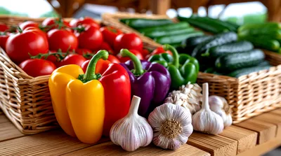 Fresh Vegetables In Wicker Baskets On Wooden Table