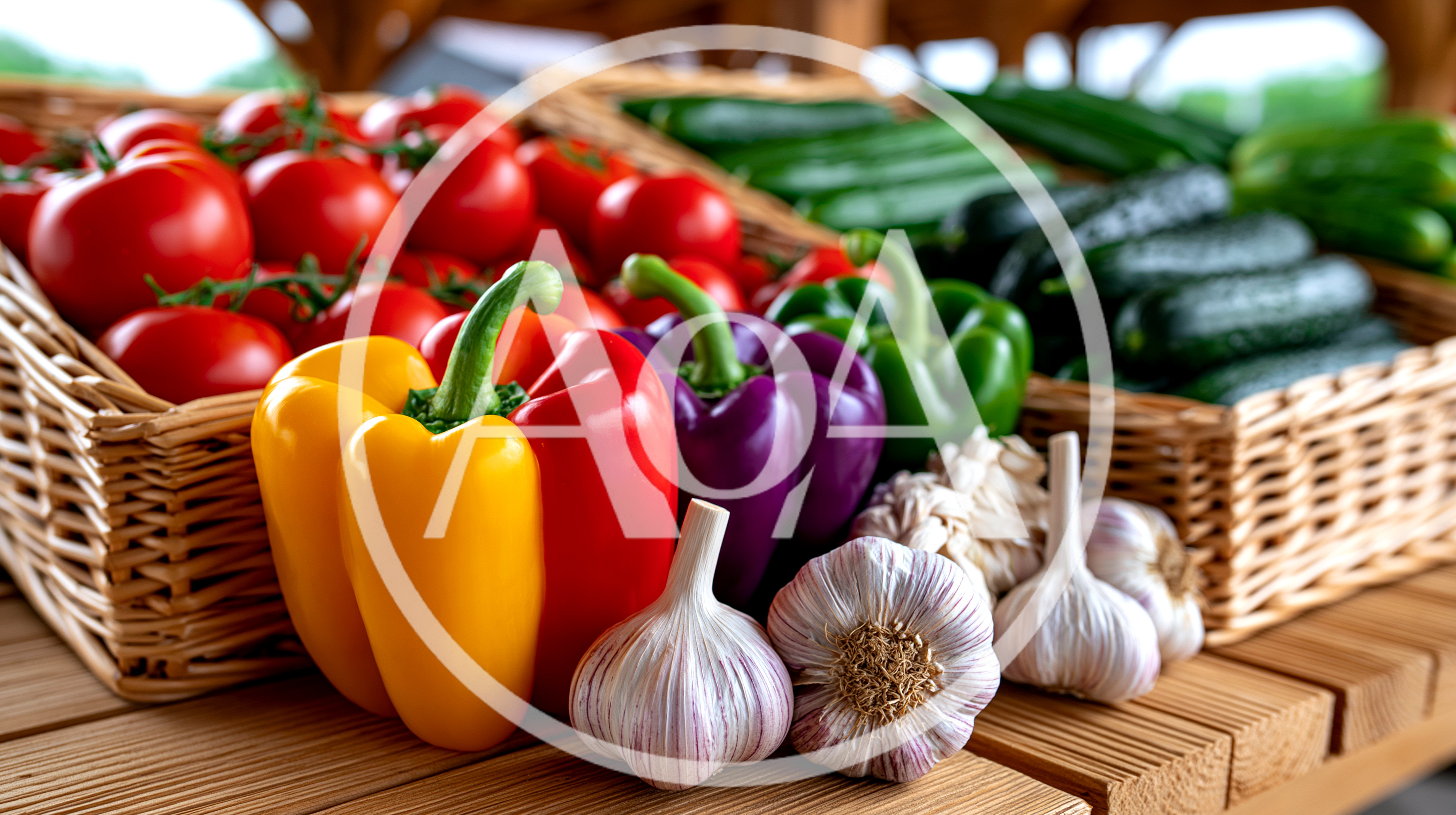 Fresh Vegetables In Wicker Baskets On Wooden Table