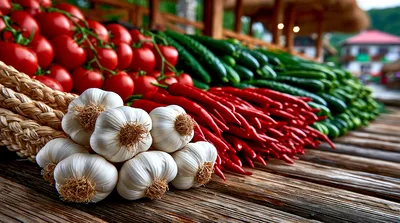 Fresh Vegetables Displayed On A Rustic Wooden Table