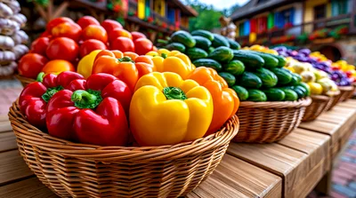 Fresh Vegetables In Wicker Baskets At Outdoor Market