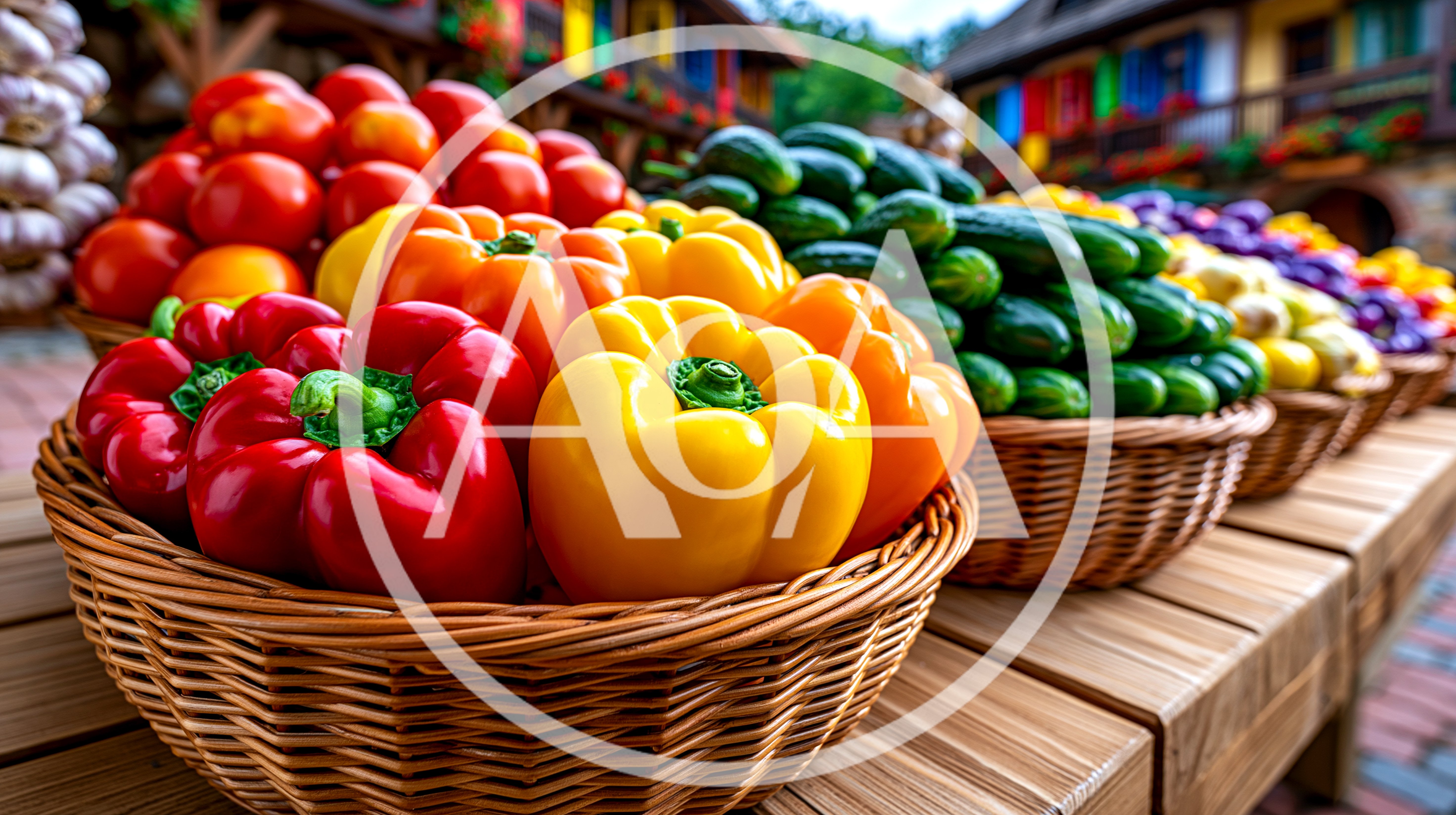 Fresh Vegetables In Wicker Baskets At Outdoor Market