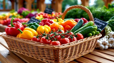 Fresh Vegetables In A Woven Basket At Market