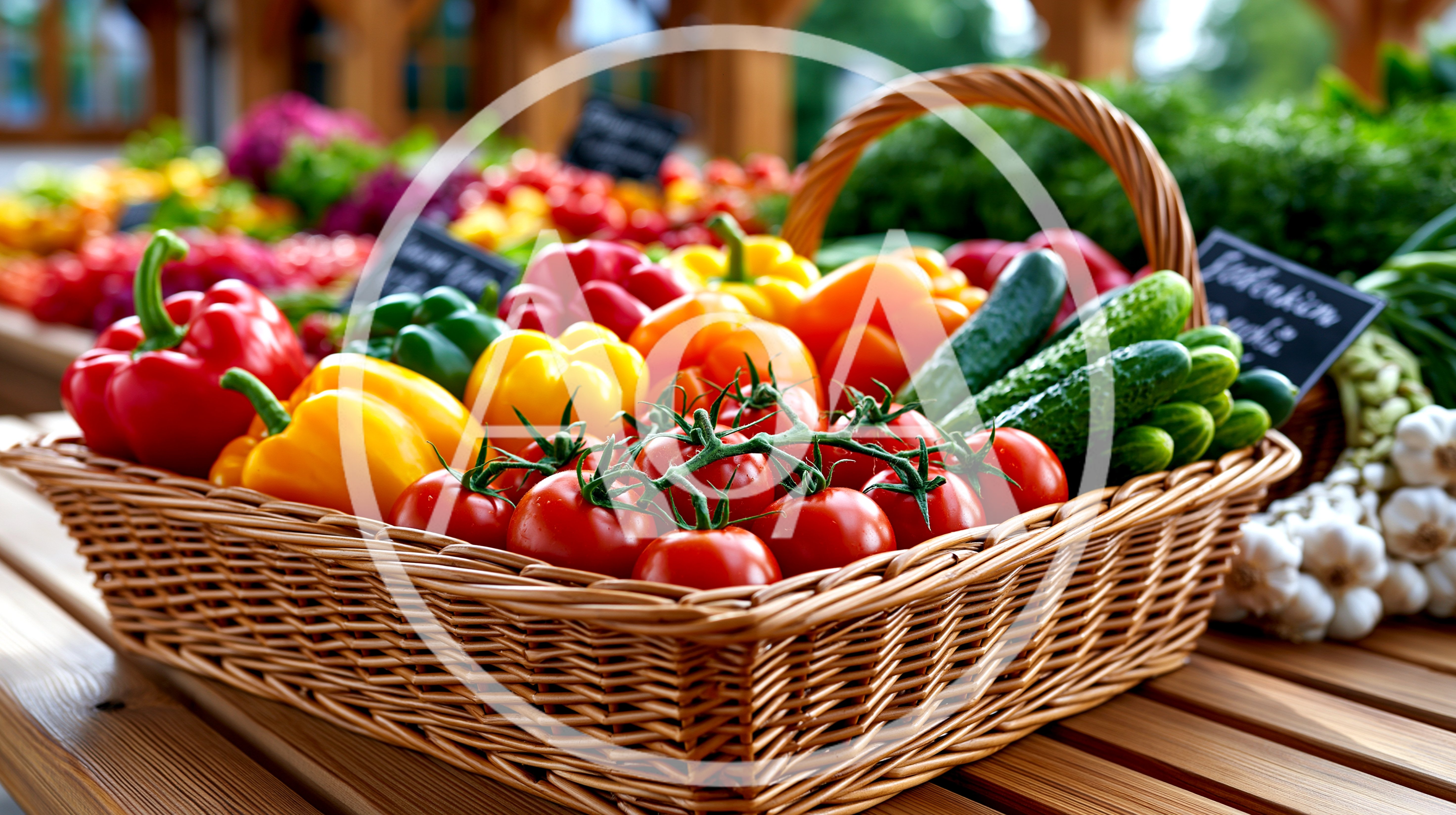 Fresh Vegetables In A Woven Basket At Market