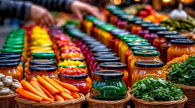 Rows Of Colorful Pickled Vegetables In Glass Jars