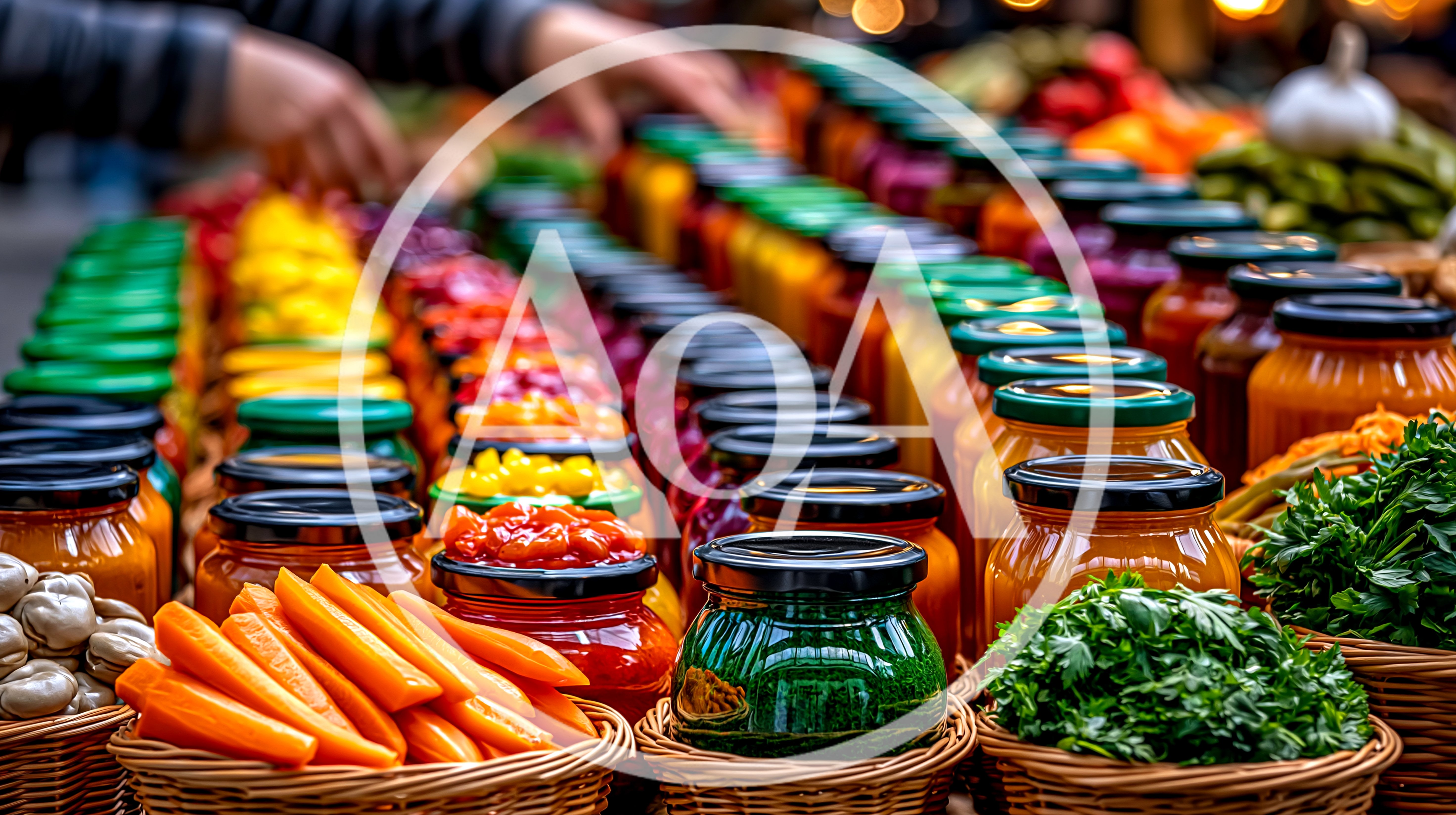 Rows Of Colorful Pickled Vegetables In Glass Jars