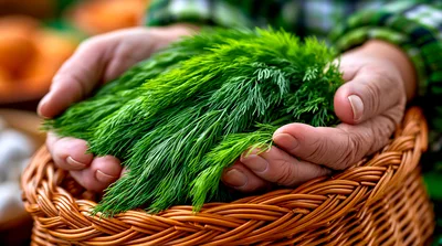 Hands Holding Fresh Green Dill In A Wicker Basket