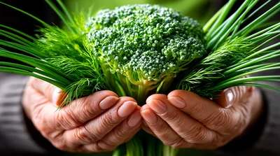 Elderly Hands Holding Fresh Broccoli And Herbs