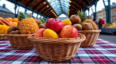 Fresh Fruit Baskets Displayed On A Market Table