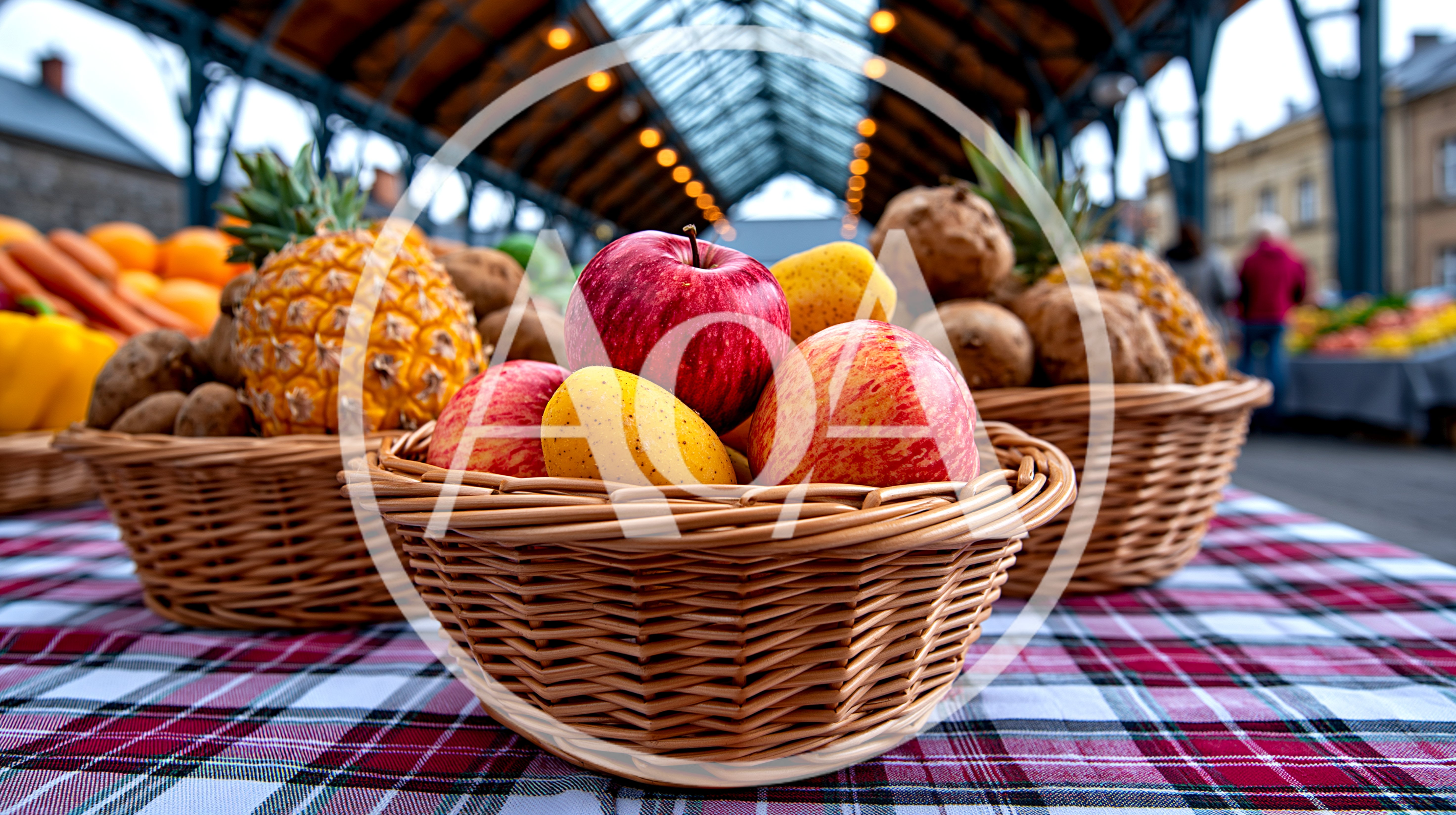 Fresh Fruit Baskets Displayed On A Market Table