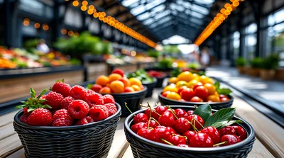 Fresh Berries and Cherries in Market Baskets