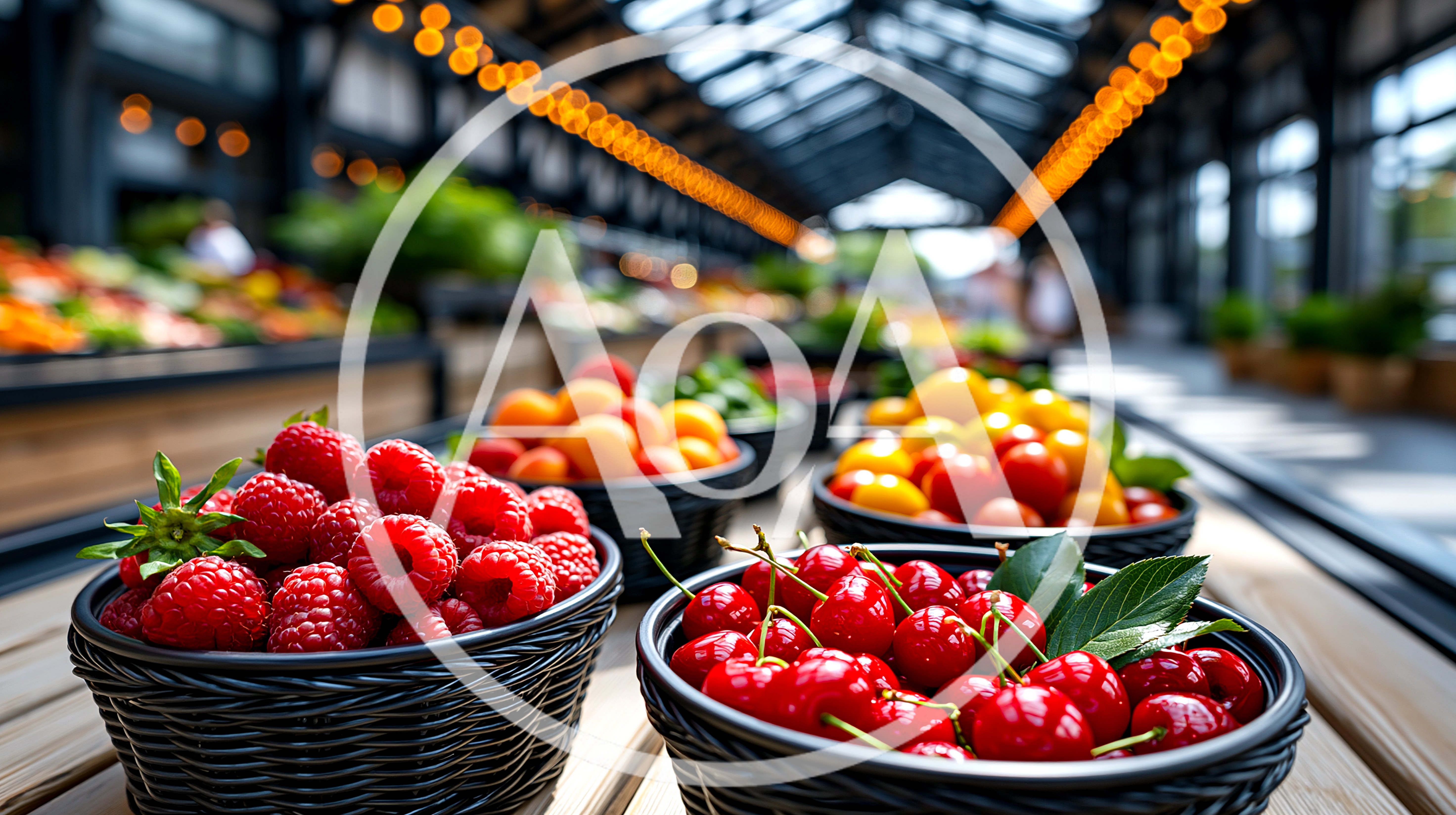 Fresh Berries and Cherries in Market Baskets