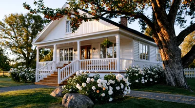 Charming White Farmhouse With Porch And Rose Garden