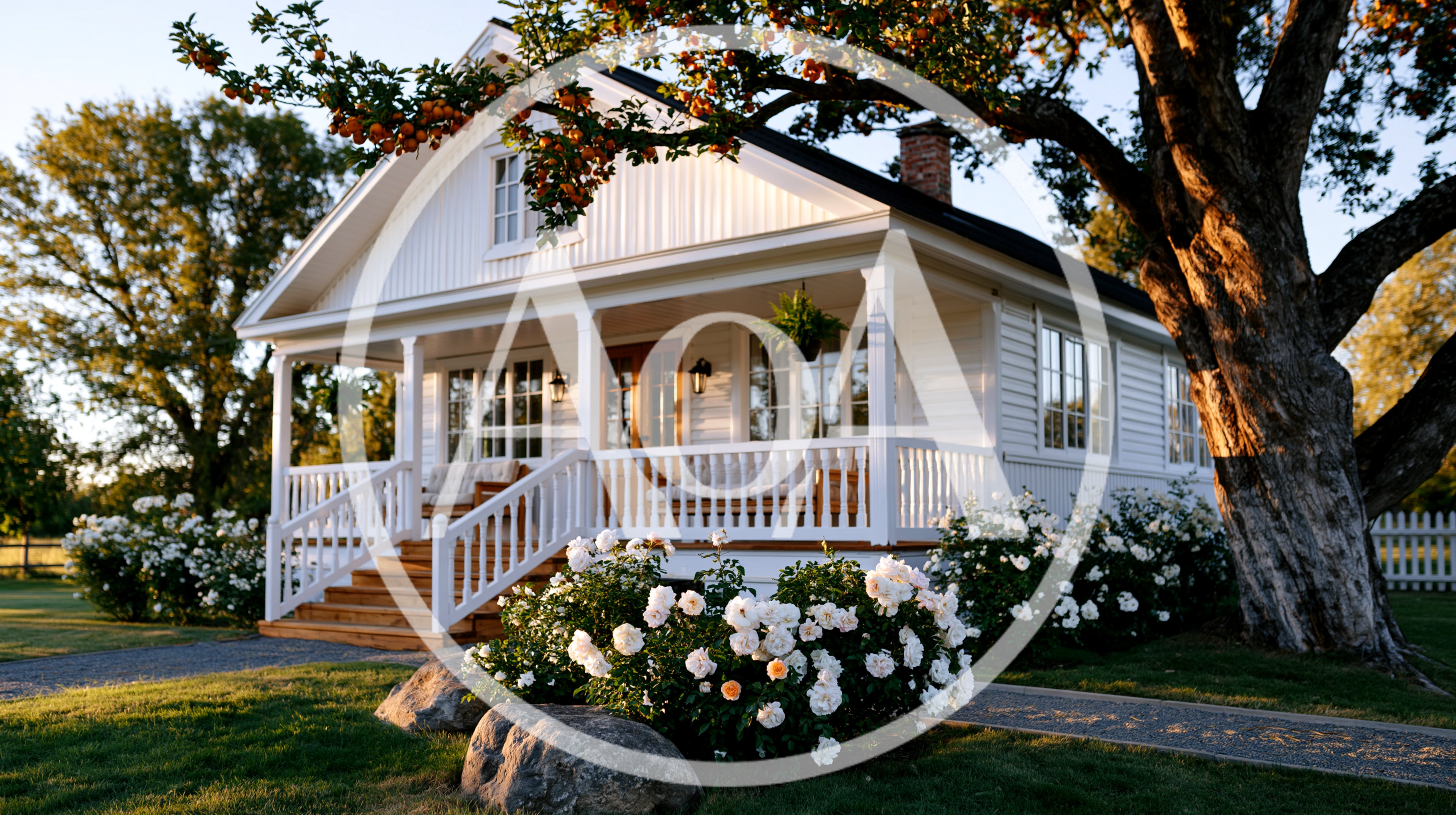 Charming White Farmhouse With Porch And Rose Garden