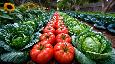 Fresh Tomatoes And Cabbages Growing In A Garden