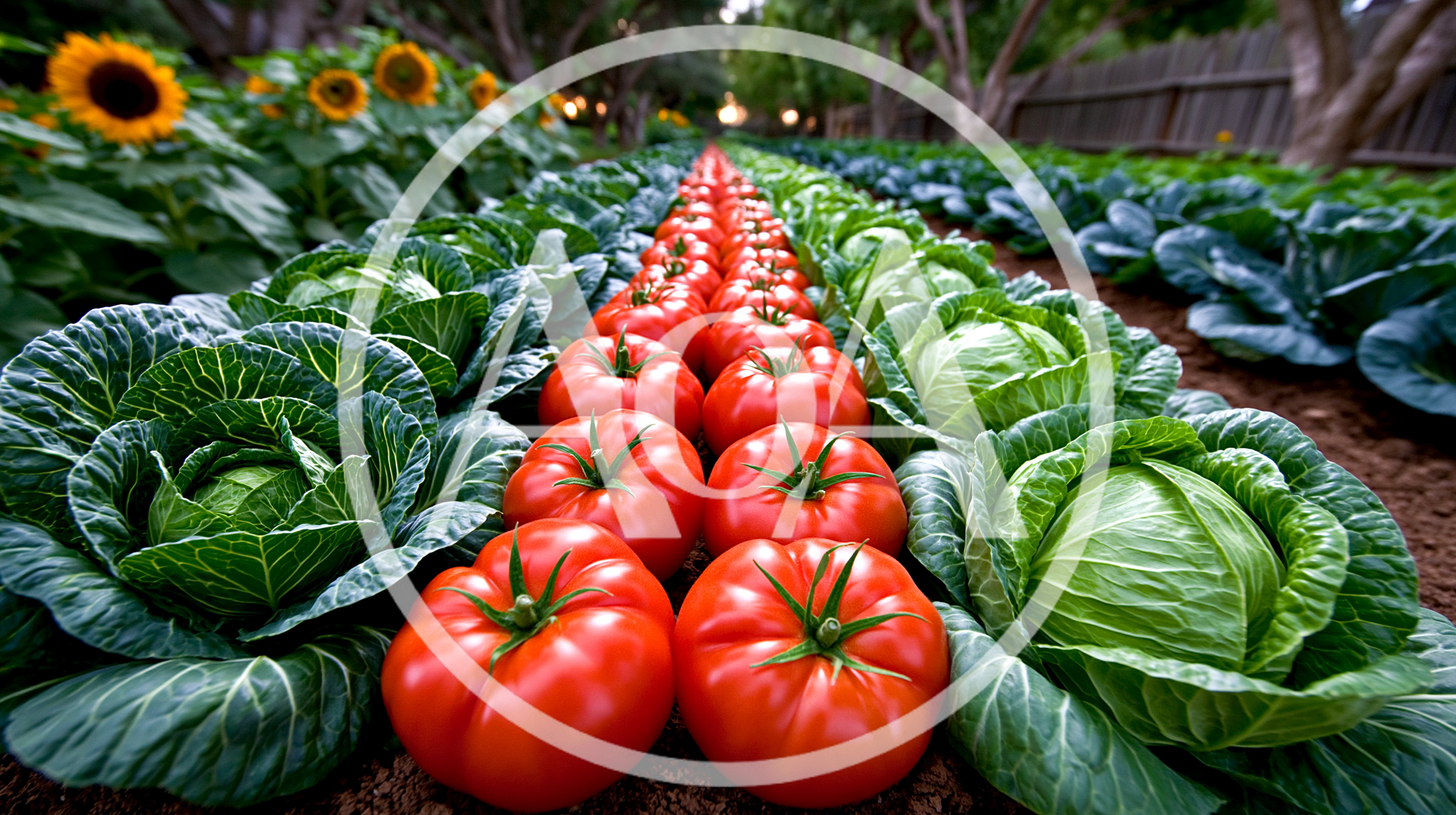 Fresh Tomatoes And Cabbages Growing In A Garden