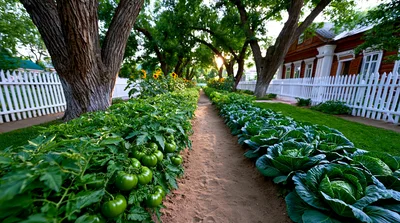 Vegetable Garden Path Between Tomato Plants And Cabbage