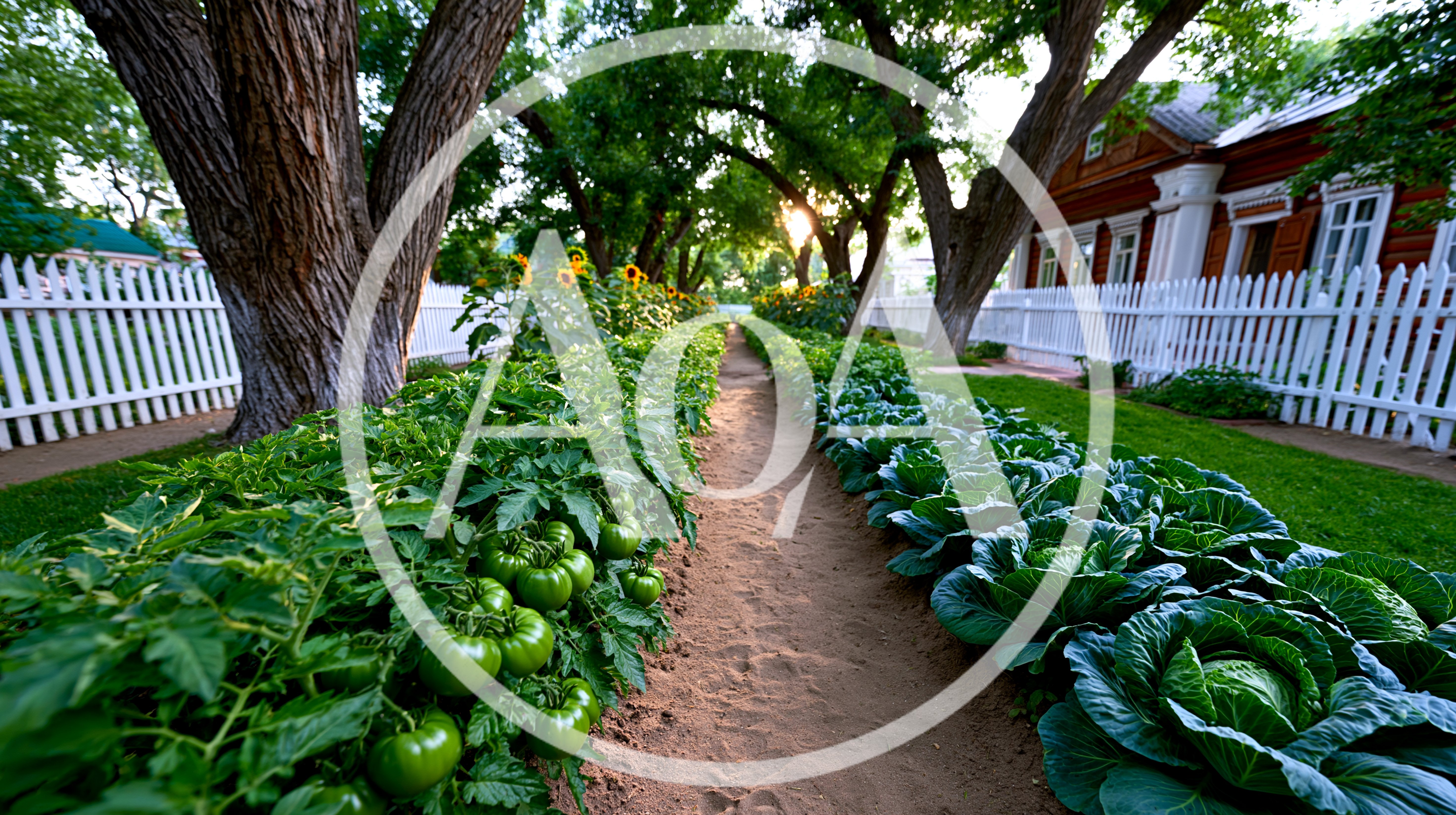 Vegetable Garden Path Between Tomato Plants And Cabbage