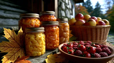 Assorted Preserved Jars And Fresh Autumn Harvest Produce